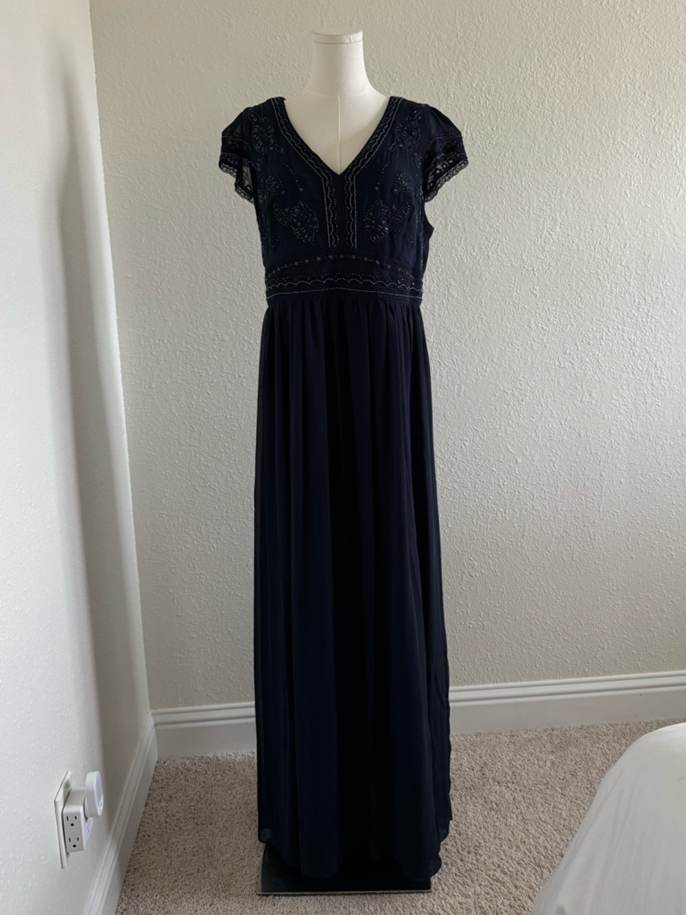 Alex Marie Navy Blue Embroidered Chiffon Maxi Dress Size 14